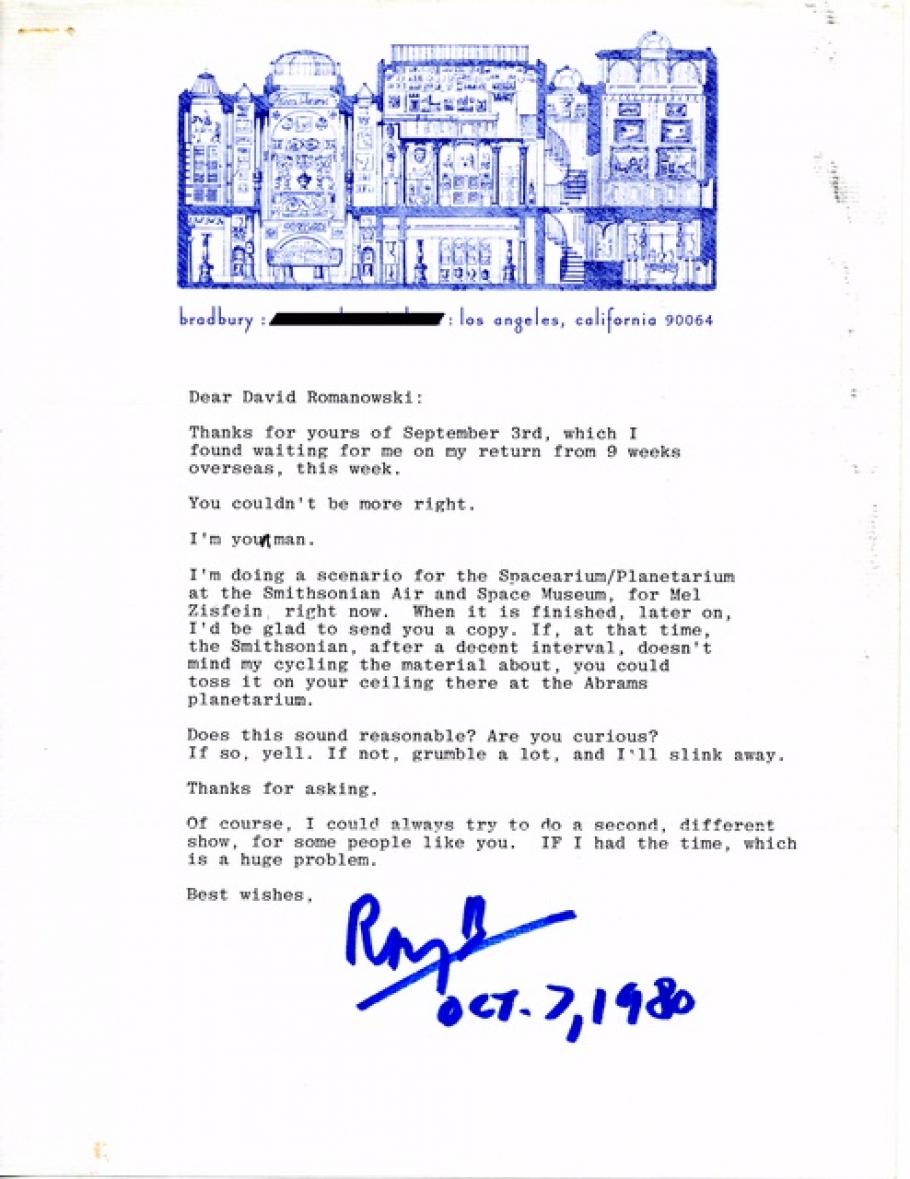 A letter from Ray Bradbury to Smithsonian Curator David Romanowski with blue building letterhead and blue signature and date at the bottom.